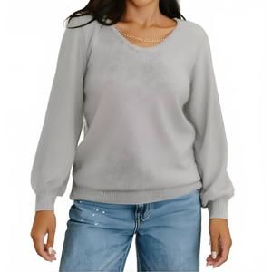 NEW VOCAL APPAREL metallic round neck fuzzy chain sweater in grey